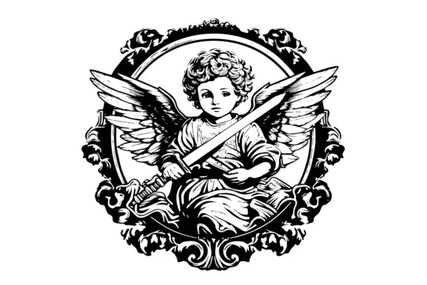フレームベクトルレトロスタイルの剣を持つ小さな天使は 黒と白のイラストを彫刻します 翼を持つかわいい赤ん坊 — ストックベクタ
