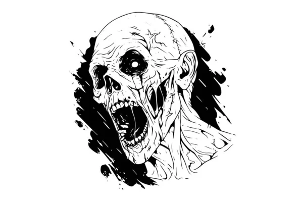 ゾンビの頭部か顔のインクのスケッチ ウォーキングデッド手描きベクターイラスト — ストックベクタ