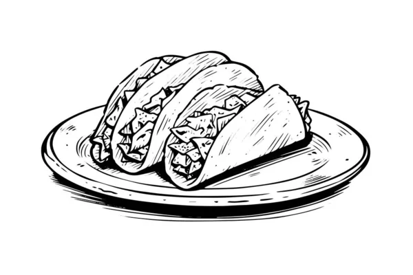 Sketsa Tinta Buatan Tangan Dari Taco Ilustrasi Makanan Cepat Saji - Stok Vektor