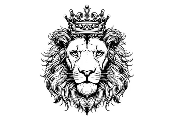 Lion Head Crown Hand Draw Vintage Engraving Black White Vector — Stock Vector