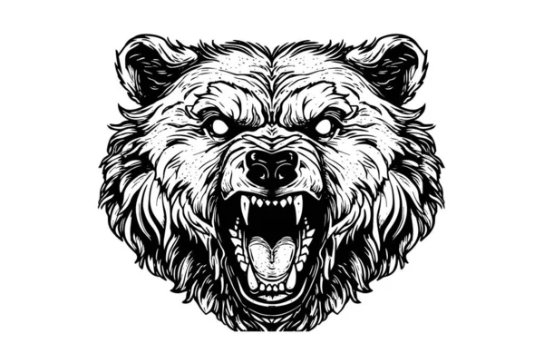 Bear Morrande Huvud Logotyp Vektor Gravyr Stil Illustration — Stock vektor