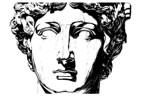 ギリシャ彫刻の手描きの彫刻スタイルのスケッチの割れた彫像の顔 ベクトルイラスト プリント タトゥー デザインのための画像 — ストックベクタ