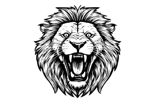 Lion Growl Head Portrait Sketch Hand Drawn Engraving Style Vector — Stock Vector