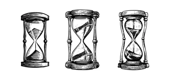 Sand Watch Glass Set Engraving Vector Illustration Pack Hourglass Hand — Stock Vector