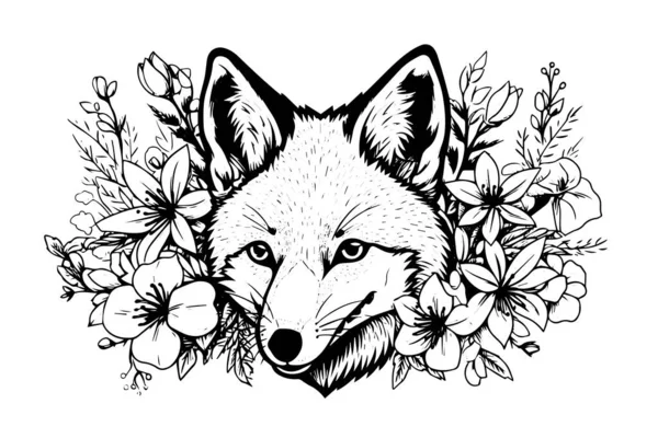 Fox Huvud Inramad Med Blommor Handritade Bläck Skiss Gravyr Stil — Stock vektor