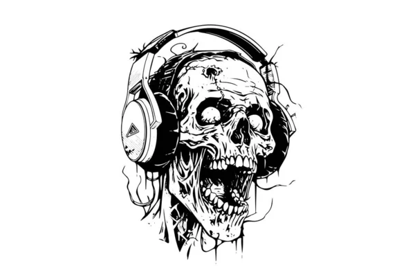 Зомби Голова Чернильном Рисунке Наушников Векторная Иллюстрация Ходячей Мертвой Руки — стоковый вектор