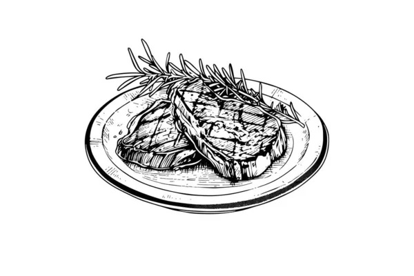 Мясо Тарелке Ручная Гравировка Векторной Иллюстрации — стоковый вектор