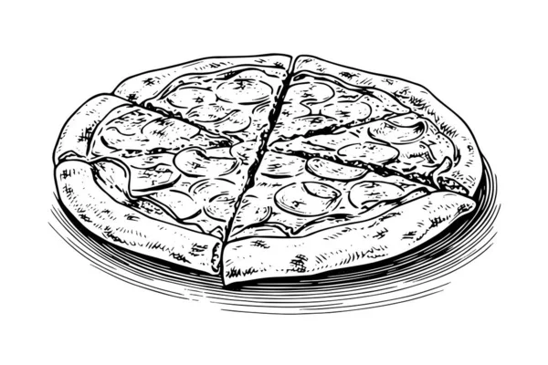 Skivad Pizza Skiss Hand Dras Gravyr Stil Vektor Illustration — Stock vektor