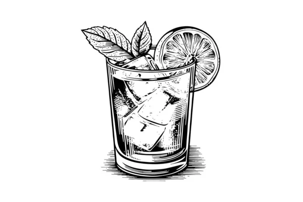 Alkoholischer Cocktail Mit Eingravierter Darstellung Isolierter Getränkevektoren Schwarz Weiße Skizzenkomposition — Stockvektor