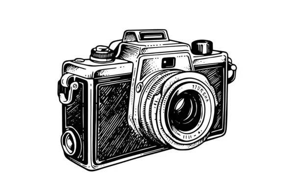 Modern Fotokamera Gravyr Stil Vektor Retro Handritad Illustration — Stock vektor