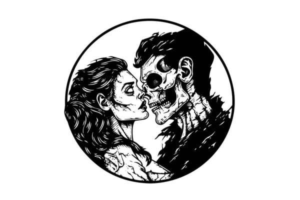 Zombie Couple Garçon Fille Croquis Encre Walking Dead Match Dessin — Image vectorielle