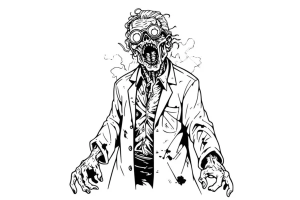 Zombie Médecin Scientifique Croquis Encre Illustration Vectorielle Dessin Main Morte — Image vectorielle