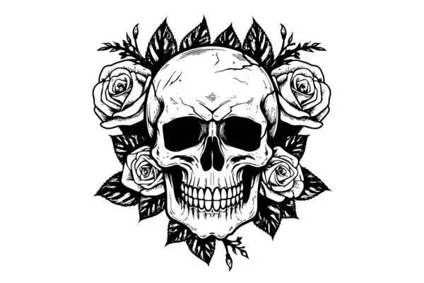 Crâne Humain Dans Style Taille Bois Cadre Fleur Illustration Vectorielle — Image vectorielle