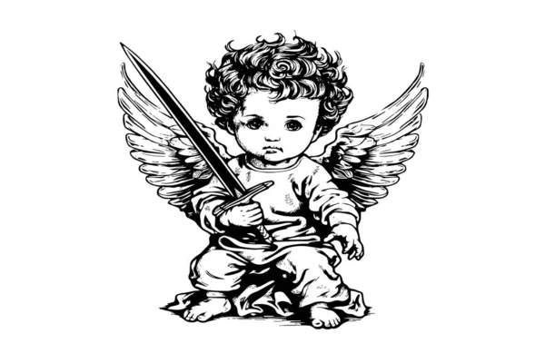 Μικρός Άγγελος Σπαθί Διάνυσμα Ρετρό Στυλ Χαρακτική Ασπρόμαυρη Εικόνα Χαριτωμένο — Διανυσματικό Αρχείο