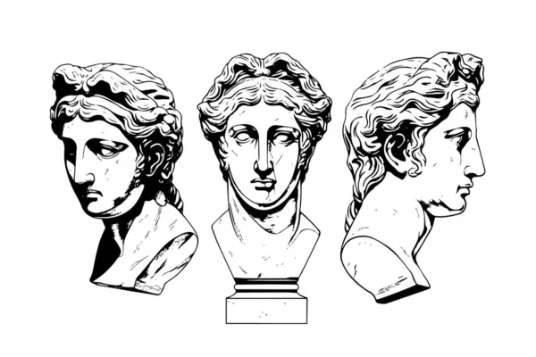 Set Statue Antiche Testa Scultura Greca Schizzo Incisione Stile Vettore — Vettoriale Stock