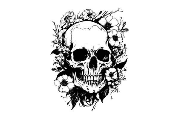 Çiçek Çerçeveli Ahşap Kesim Tarzı Bir Insan Kafatası Dövme Baskı — Stok Vektör