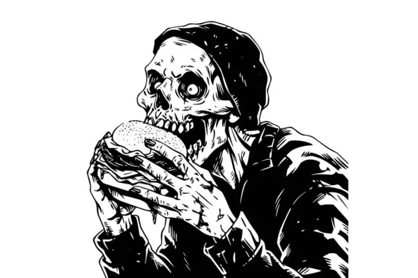 僵尸吃汉堡包墨水素描 走死了的快餐手绘病媒图解 — 图库矢量图片