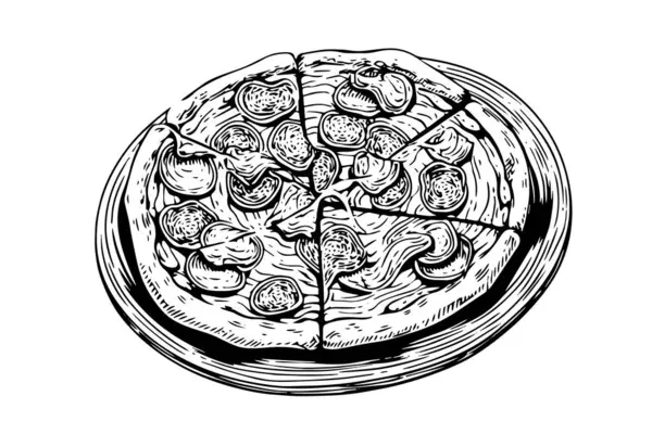Krájená Pizza Skica Ručně Kreslené Rytiny Styl Vektorové Ilustrace — Stockový vektor