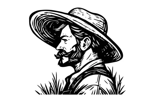 Happy Farmer Hat Engraving Style Hand Drawn Ink Sketch Vector — Stock Vector
