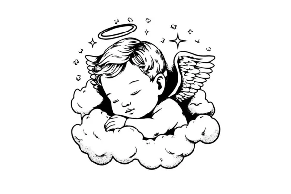 Hand Drawn Engraving Sketch Cute Little Angel Sleep Cloud Vector — Stock Vector
