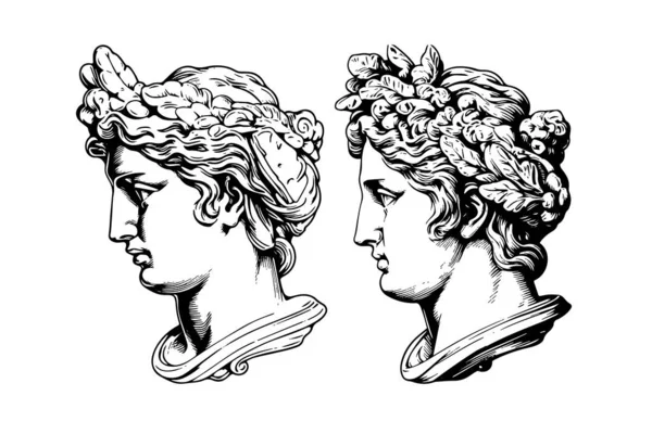 Set Antique Statue Head Greek Sculpture Sketch Engraving Style Vector — Stock Vector