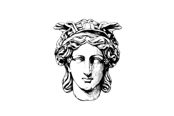 Estatua Antigua Cabeza Escultura Griega Boceto Grabado Estilo Vector Ilustración — Archivo Imágenes Vectoriales