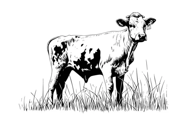 Vache Broute Dans Champ Illustration Style Gravure Vectorielle Dessinée Main — Image vectorielle