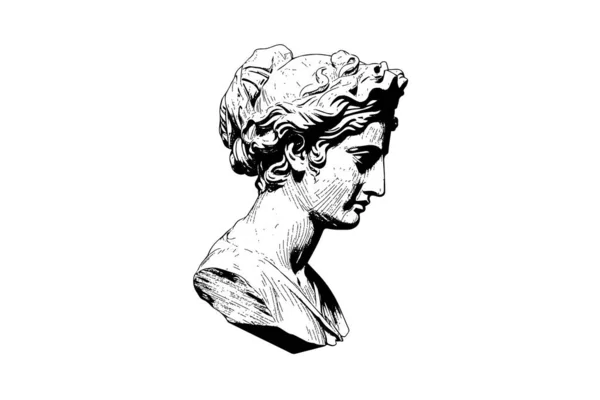 Antique Estátua Cabeça Escultura Grega Esboço Gravura Estilo Vetor Ilustração —  Vetores de Stock