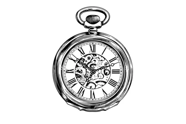 Reloj Bolsillo Antiguo Vintage Grabado Mano Ilustración Vector Dibujado — Archivo Imágenes Vectoriales