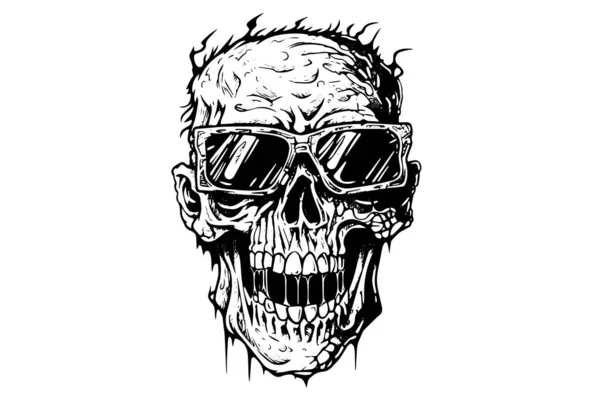 Голова Зомби Солнцезащитных Очках Набросок Чернил Векторная Иллюстрация Ходячей Мертвой — стоковый вектор