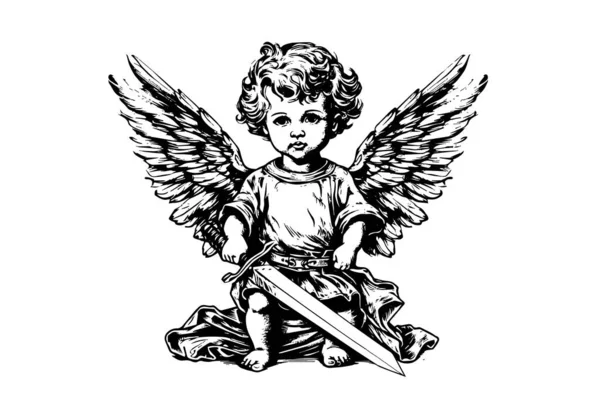 Маленький Ангел Мечем Векторний Ретро Стиль Гравюра Чорно Біла Ілюстрація — стоковий вектор
