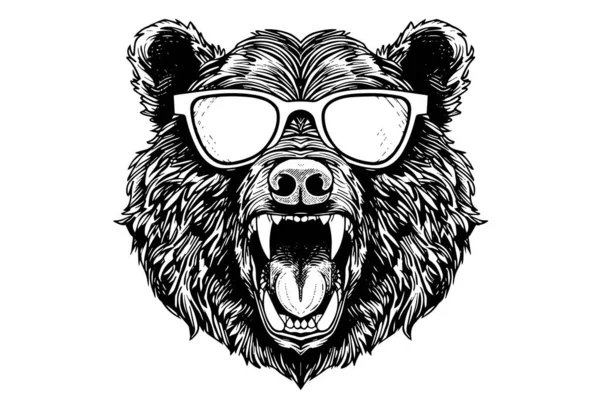 Медвежья Голова Очках Логотип Векторной Гравировки Стиль Иллюстрации — стоковый вектор