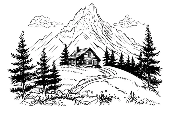 Montanha Paisagem Rural Desenhado Mão Esboço Tinta Gravura Estilo Vintage — Vetor de Stock