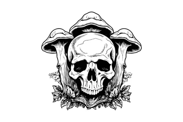 Crânio Humano Com Cogumelos Estilo Xilogravura Desenho Gravura Vetorial Ilustração — Vetor de Stock