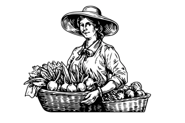 Uma Agricultora Que Colhe Campo Estilo Gravura Desenho Tinta Esboço —  Vetores de Stock