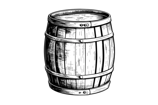 Wood Barrel Hand Drawn Sketch Engraving Style Vector Illustrations — Stock Vector