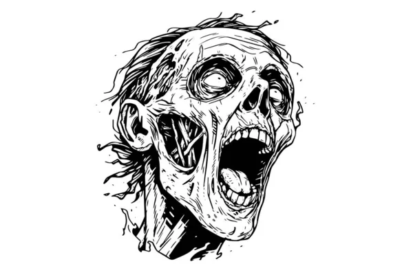 Zombi Kafası Yüz Mürekkebi Skeci Yürüyen Ölü Çizimi Vektör Çizimi — Stok Vektör