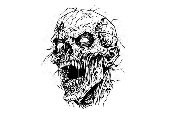 Zombie head or face ink sketch. Walking dead hand drawing vector illustration