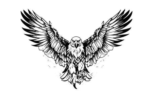 Voando Águia Logotipo Mascote Estilo Gravura Ilustração Vetorial Sinal Marca —  Vetores de Stock