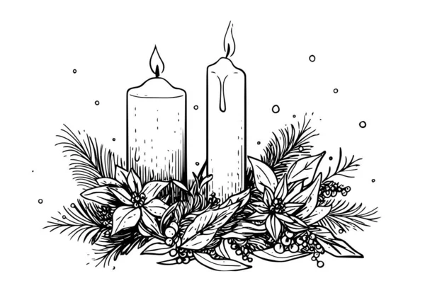 厚いクリスマスキャンドルが燃えている 手描きスケッチ彫刻スタイルベクターイラスト — ストックベクタ