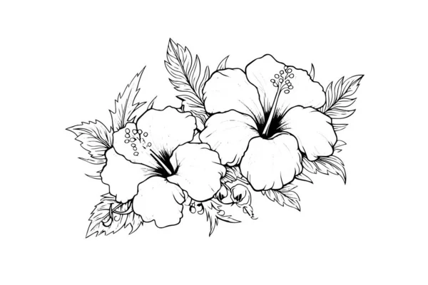 Flores Hibisco Corte Madeira Vintage Gravado Estilo Gravura Ilustração Vetorial — Vetor de Stock