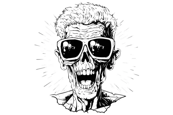 Güneş Gözlüklü Zombi Kafası Yüz Mürekkebi Skeci Yürüyen Ölü Çizimi — Stok Vektör