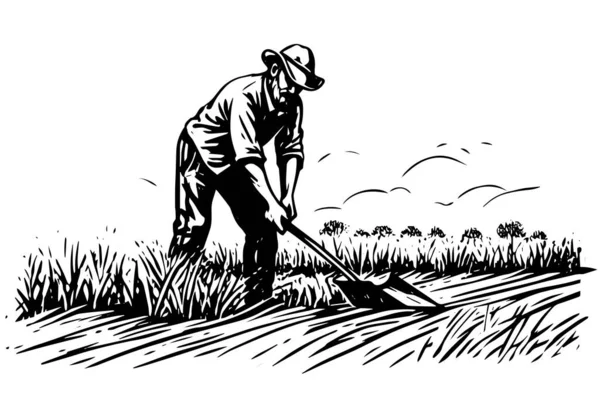 Heureux Agriculteur Chapeau Travaille Sur Style Gravure Sur Terrain Croquis — Image vectorielle