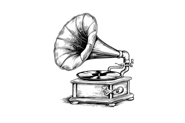 Retro Fonograaf Grammofoon Vintage Gegraveerde Vector Illustratie Schets Met Hand — Stockvector