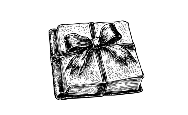 Ескіз Гравюри Подарунок Книги Рука Намальована Векторна Ілюстрація Чорно Біле — стоковий вектор
