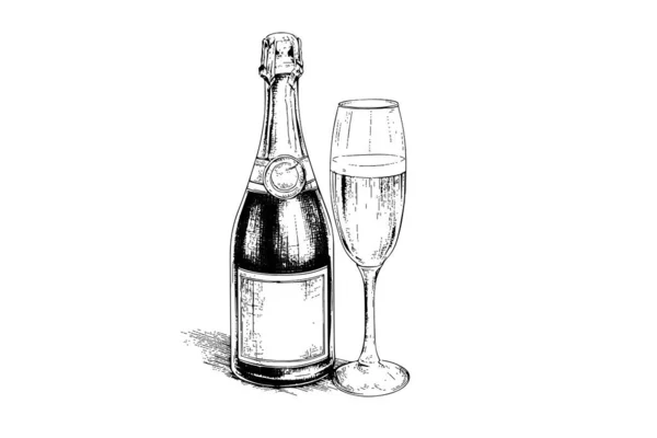 Μπουκάλι Σαμπάνια Και Κρασί Γυαλί Χαρακτικής Στυλ Τέχνης Ζωγραφισμένα Στο — Διανυσματικό Αρχείο