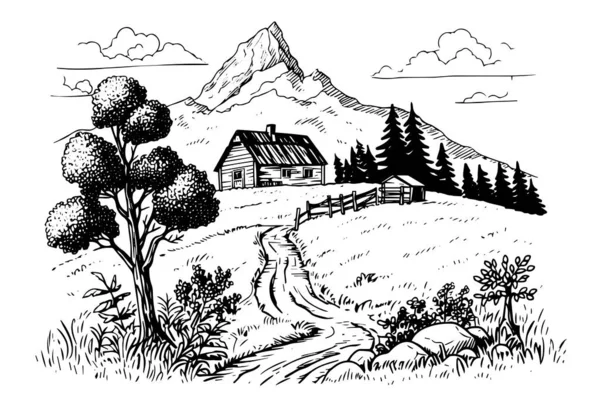 Montanha Paisagem Rural Desenhado Mão Esboço Tinta Gravura Estilo Vintage —  Vetores de Stock