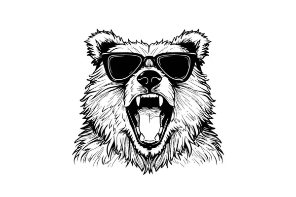 Bear Head Glasses Logotype Vector Gravaving Style Illustration — Stockový vektor
