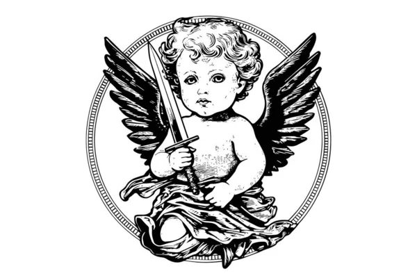 Маленький Ангел Мечом Рамке Стиле Ретро Гравировкой Черно Белой Иллюстрации — стоковый вектор
