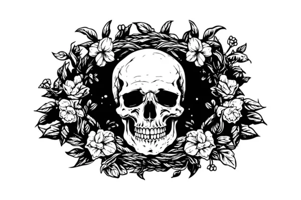 Crâne Humain Dans Style Taille Bois Cadre Fleur Illustration Vectorielle — Image vectorielle